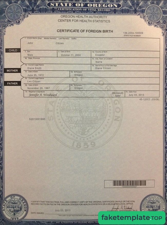 Feature of fake USA Oregon birth cert